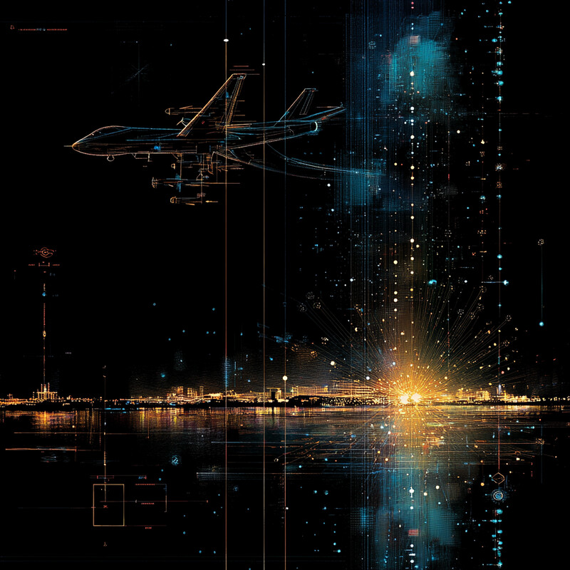 A futuristic airplane soars through the air over a bustling cityscape, leaving behind a trail of light and sparks.