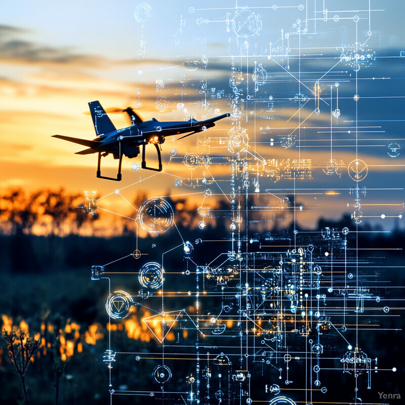 A drone flying over a landscape at sunset or sunrise.