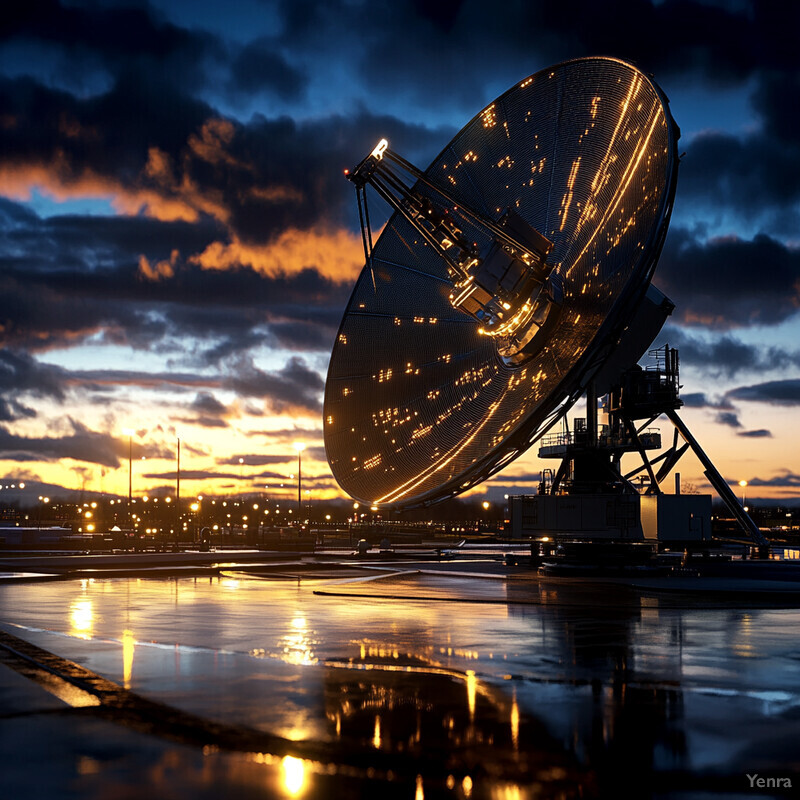 A large satellite dish is positioned in an outdoor setting during sunset or sunrise.