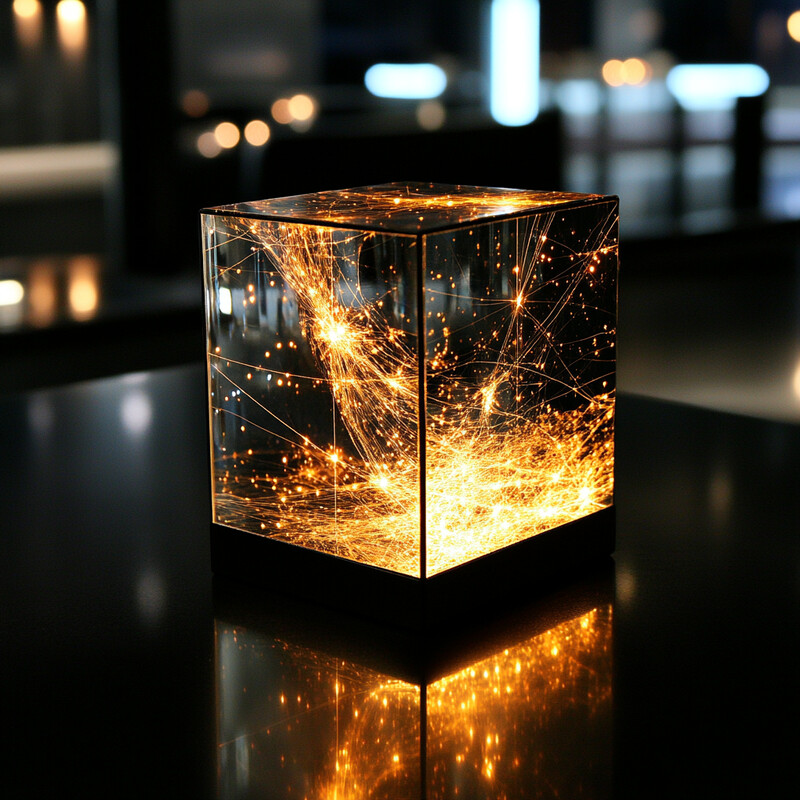 A glass cube with an orange and yellow light inside on a black surface in a studio setting