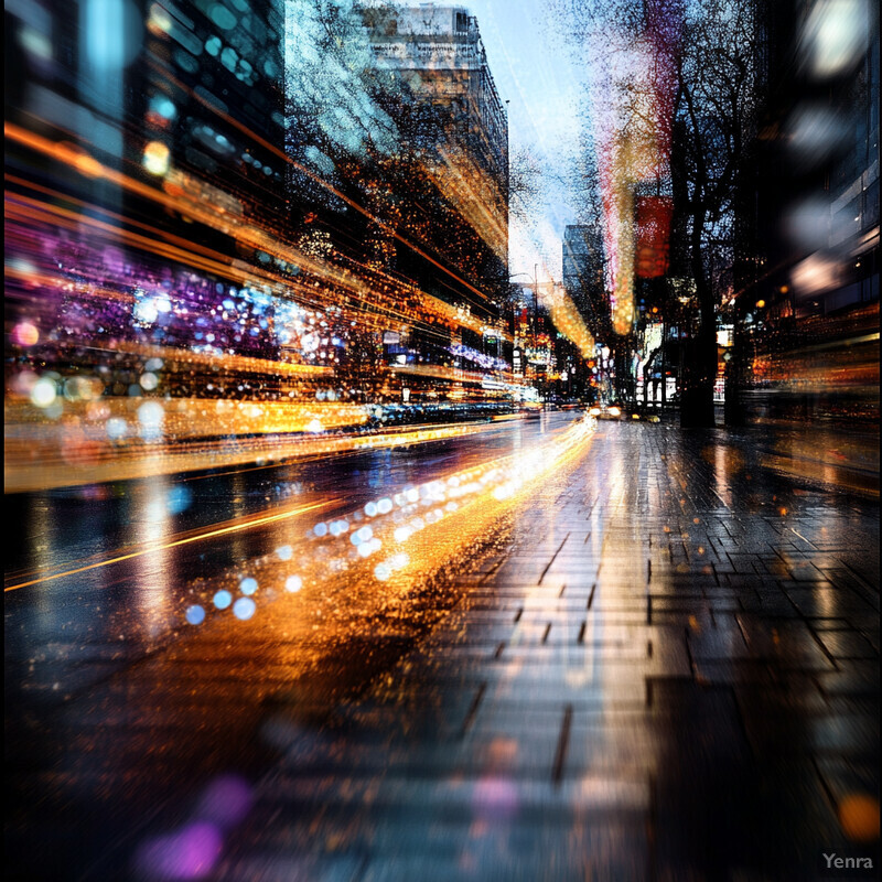 A city street at night with blurred lights and motion lines.