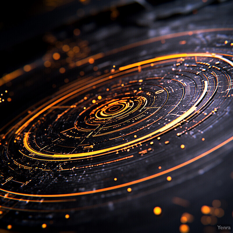 A dynamic, abstract representation of a circular pattern with gold accents on a black background.