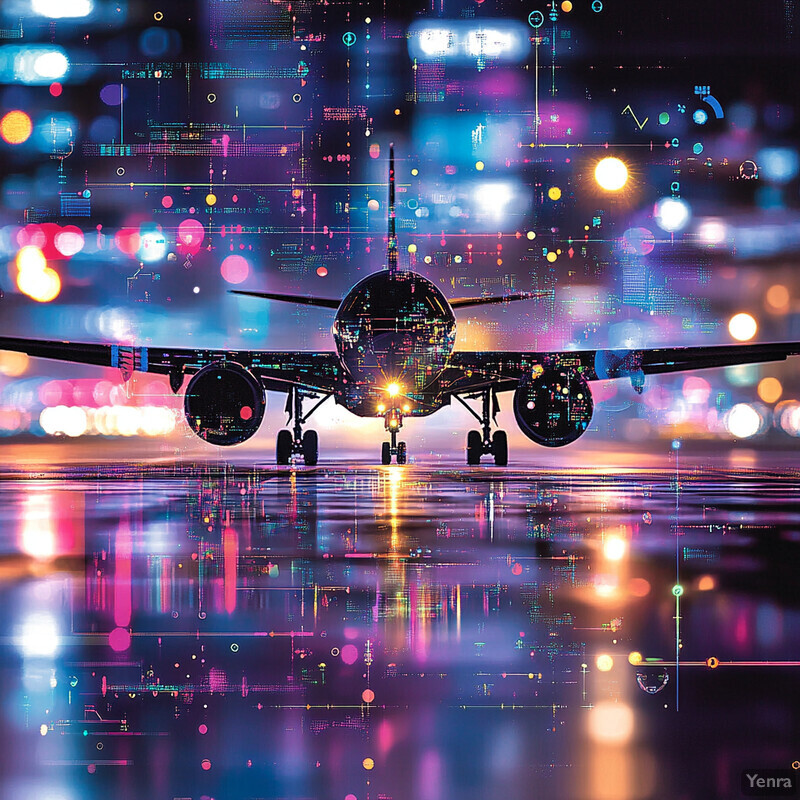 An airplane on a runway at night, with its lights illuminating the surrounding area.