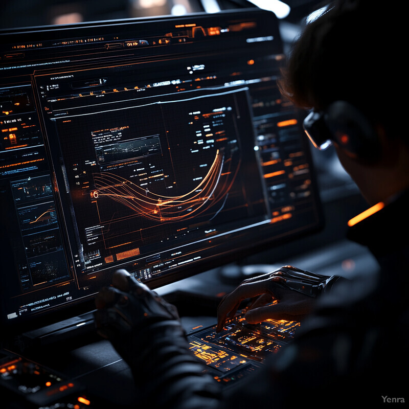 A person intensely focused on their computer screen, surrounded by waveform designs and data.