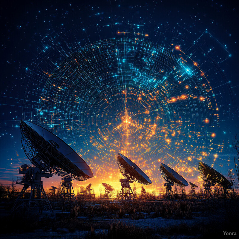 An array of satellite dishes in a field at sunset.