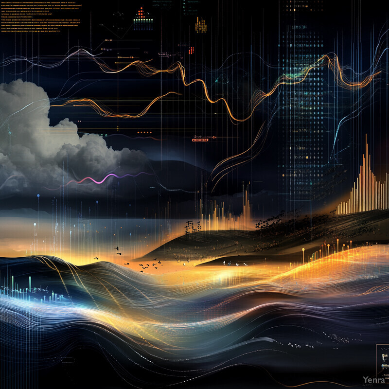 An abstract representation of data visualization with a cityscape in the background.