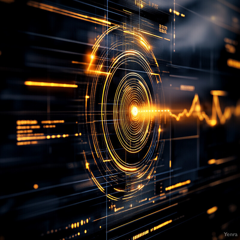 The image is a visual representation of data analysis, featuring a complex network of interconnected nodes and lines in shades of dark blue, orange, and yellow.