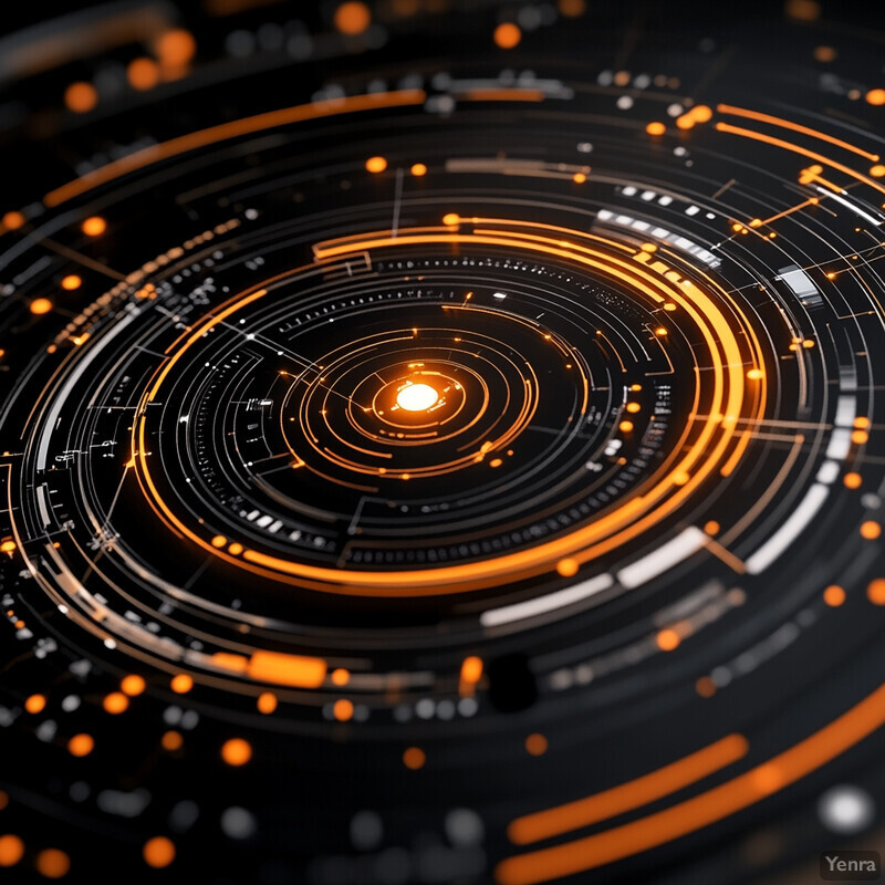 A futuristic graphic design featuring a large circular pattern with concentric rings and glowing orange accents.