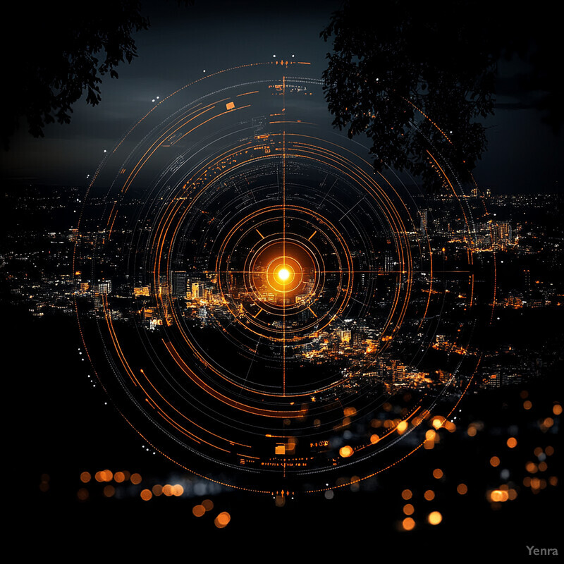 Abstract cityscape with a dark and futuristic tone, featuring concentric circles and straight lines that evoke digital landscapes.