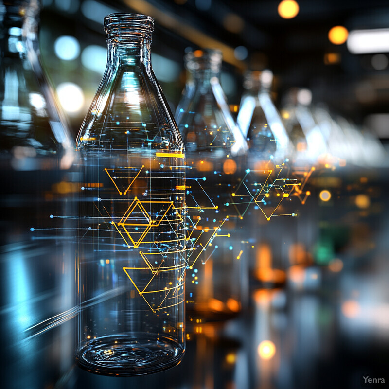 A row of glass bottles with a unique design on them in an industrial warehouse setting.