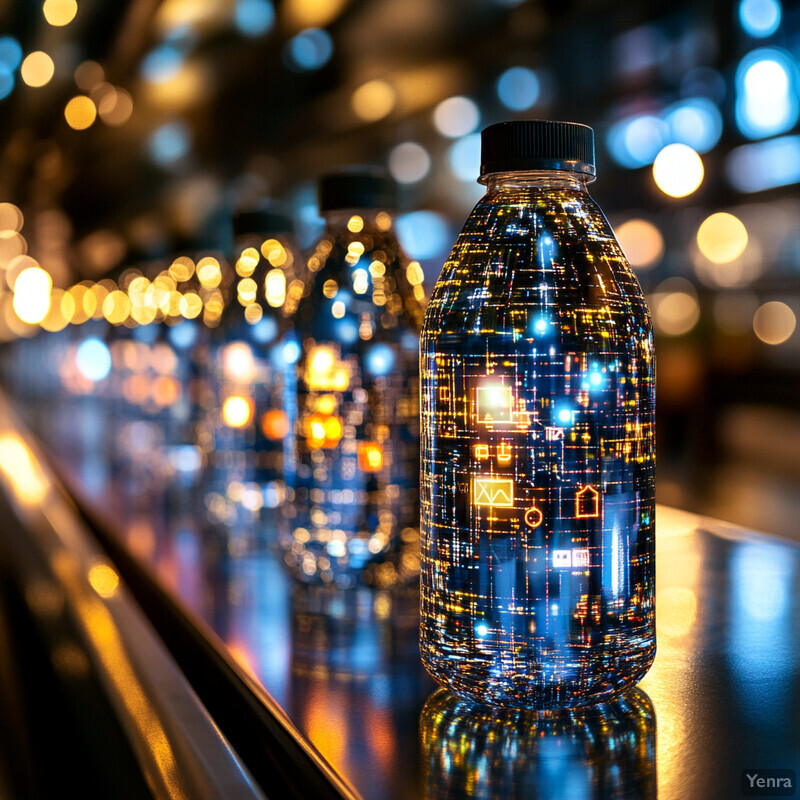 Five plastic bottles lined up on a black surface with unique patterns and symbols printed in white or light gray ink.