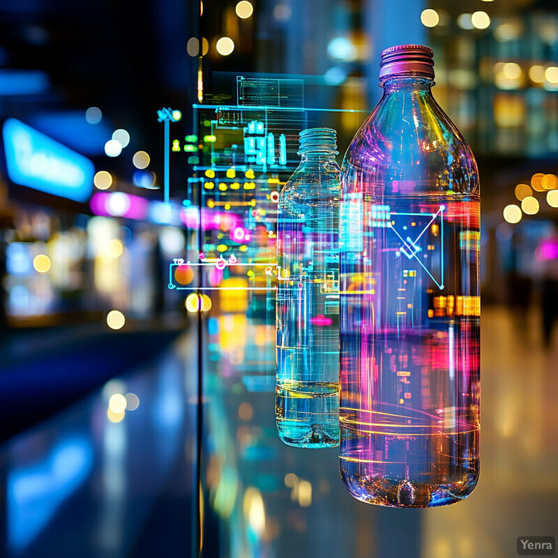 Two plastic water bottles are displayed on a reflective surface in an indoor setting.