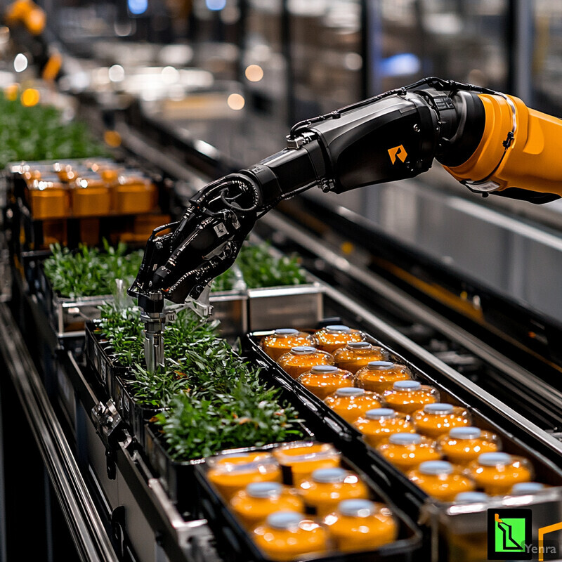 An automated manufacturing process featuring robotic arms handling and packaging products.