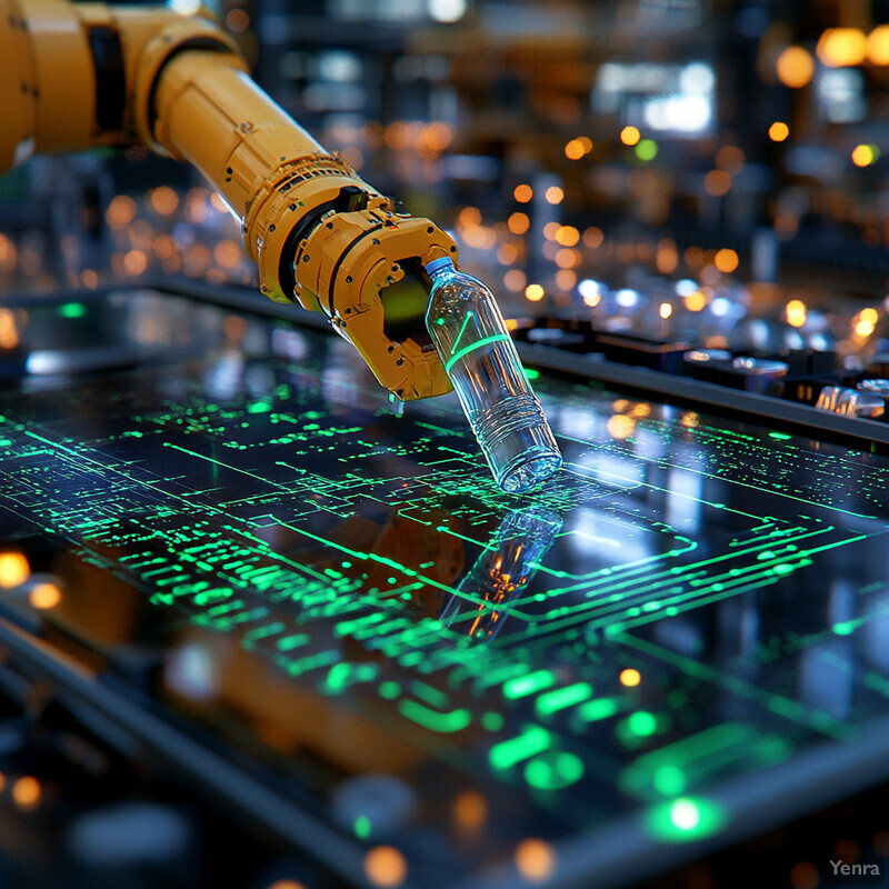 A robotic arm with a glass bottle attached to its end is positioned above a computer screen displaying a green circuit board design in an industrial setting.