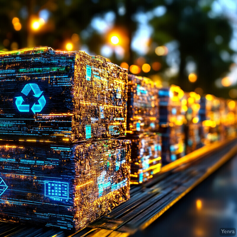 An outdoor city setting with glowing blue boxes featuring recycling symbols.