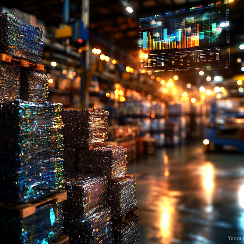 An automated inventory management system is depicted in action, with stacks of boxes wrapped in plastic wrap on the floor and rows of shelves stacked high with more boxes and crates in the background.