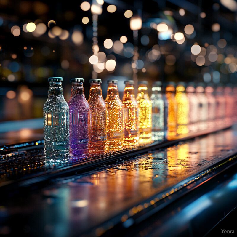 Rows of glass bottles or cans on a shelf.