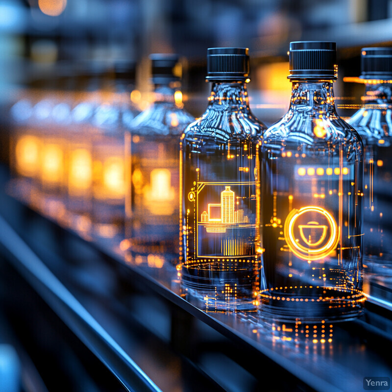 A row of glass bottles with unique branding designs are lined up on a shelf or table in an indoor setting.