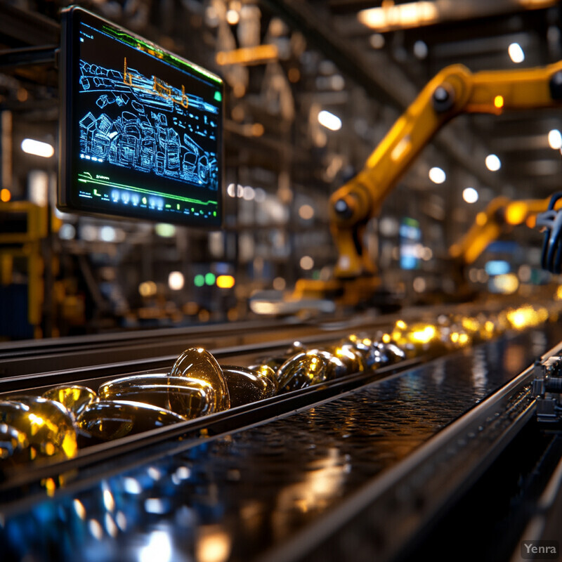 A computer vision-based sorting system in an industrial setting with yellow conveyor belts and robotic arms.