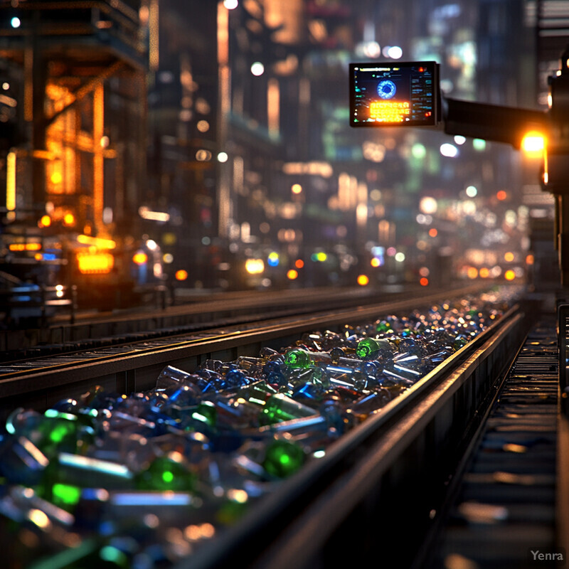 A factory or warehouse setting at night, with glass bottles on a conveyor belt and various machinery in the background.