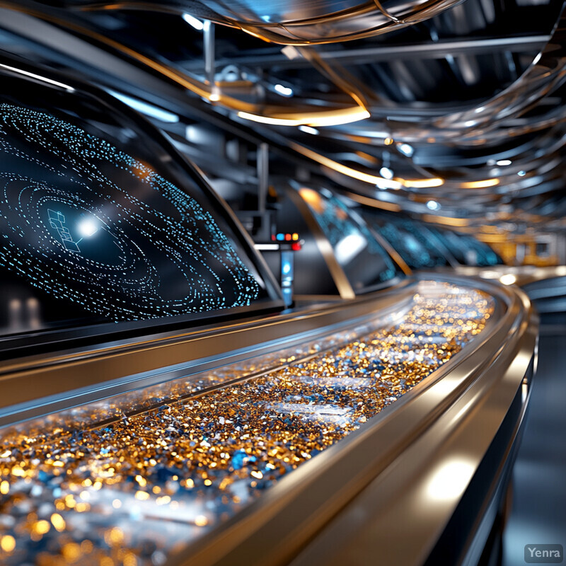 A futuristic space with a long, curved conveyor belt and interactive screens displaying patterns in shades of blue and gold.