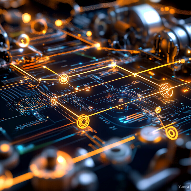 A complex network of interconnected components with a muted color scheme and flashes of bright orange and yellow.