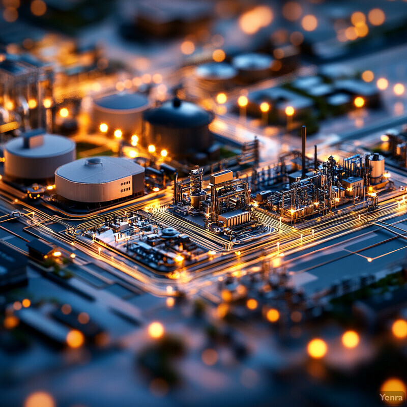 Industrial facility illuminated by orange lights at night.