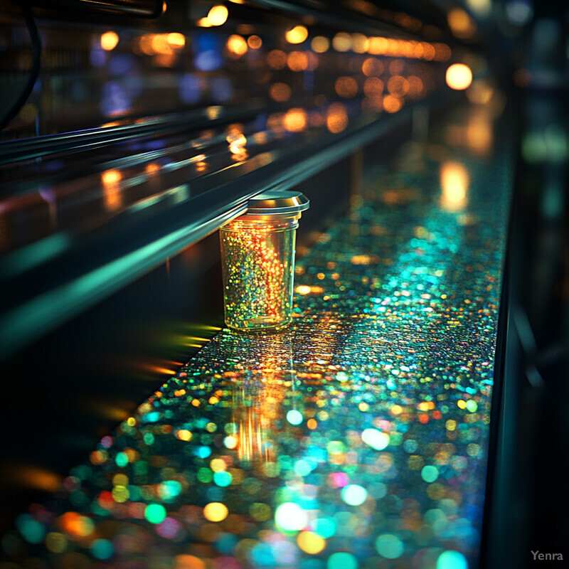 Two small glass jars filled with glittering gold and green sparkles are arranged on a reflective surface in an industrial setting.