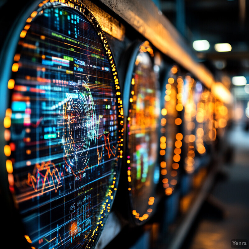 A large, circular screen displaying graphs and charts in an office or control room setting.