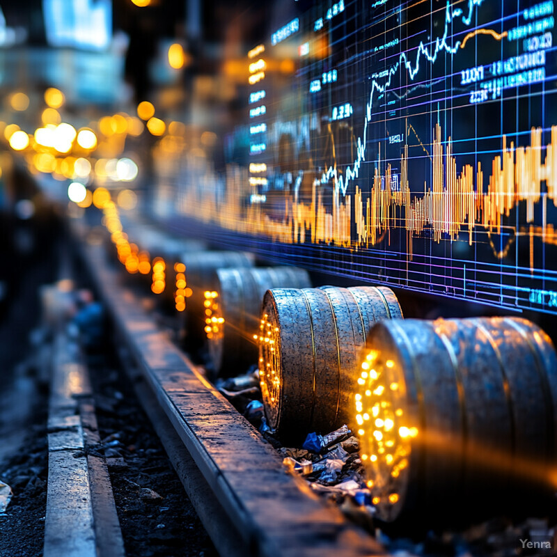 A train station platform at dusk with a large screen displaying stock market data and financial news in the background.