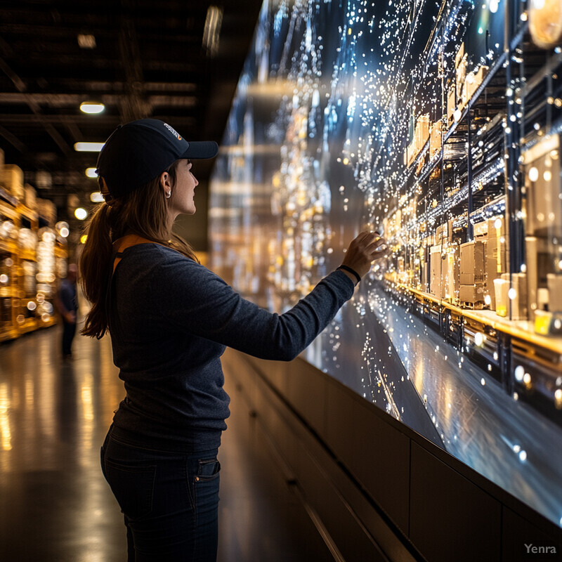 A woman stands in front of a large screen displaying a warehouse scene, likely receiving training or instruction on how to use the screen.