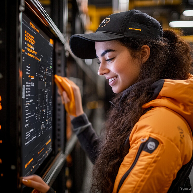 A woman inspects machinery in a warehouse or factory.