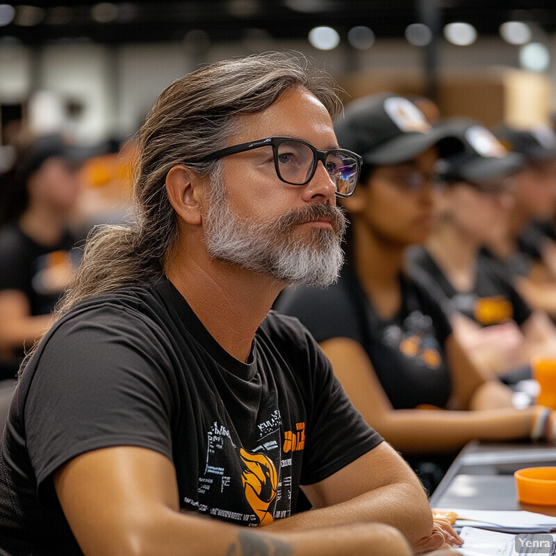 A man sits at a table in front of a group of people, likely attending a meeting or conference.