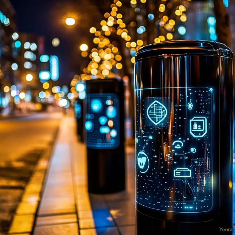 A nighttime city street scene featuring smart bins or trash cans with blue light displays.