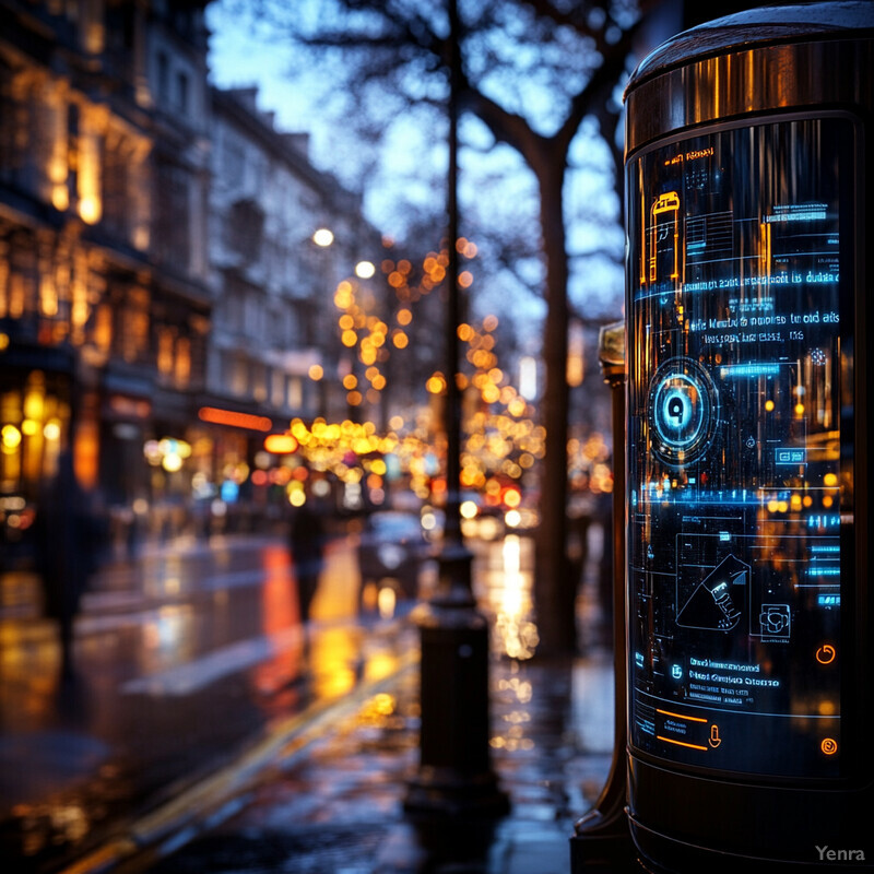 A smart bin with IoT integration on a city street at dusk or dawn.