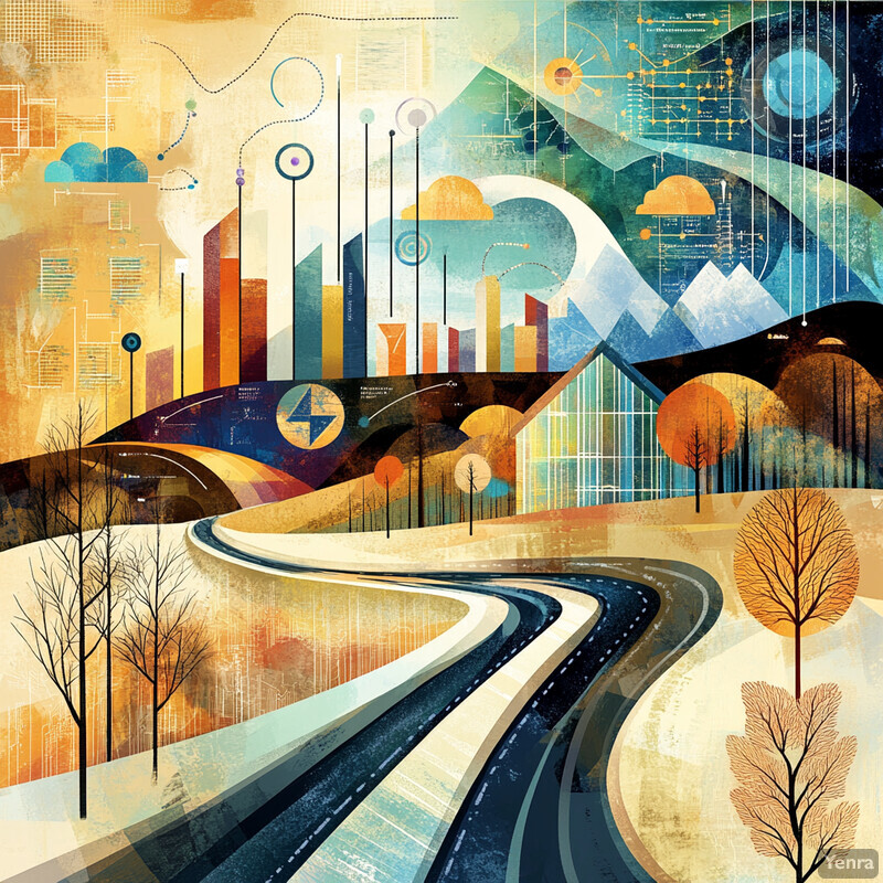 Abstract representation of a winding road leading to a cityscape with geometric shapes and lines.