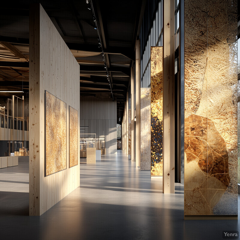 An art gallery featuring large-scale abstract artworks created from natural materials.