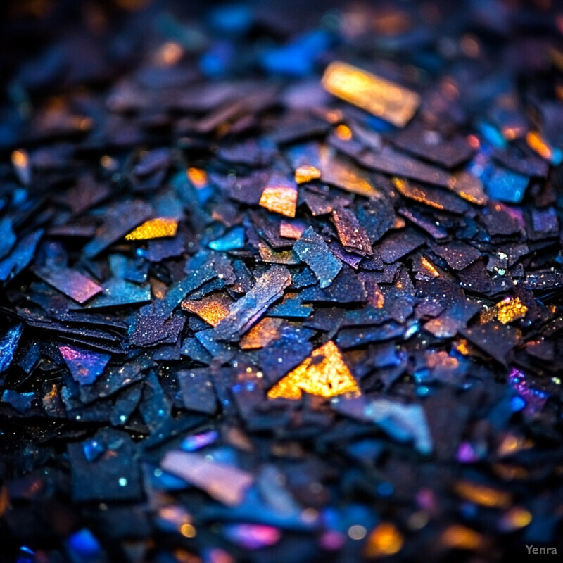 A close-up view of small, irregularly shaped fragments scattered across a flat surface, possibly metallic or iridescent materials.