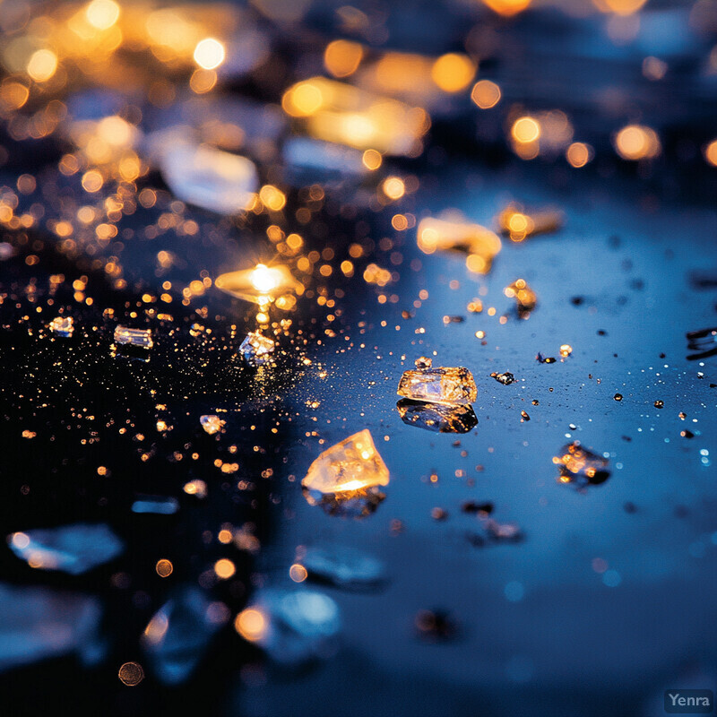 Shattered glass surface with numerous small shards and water droplets.