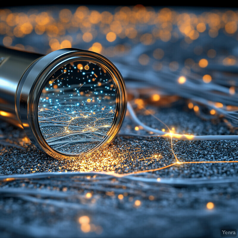 A cylindrical object with a reflective silver surface lies on its side on a dark gray surface, accompanied by a long, thin tube and several yellow lights or sparks.