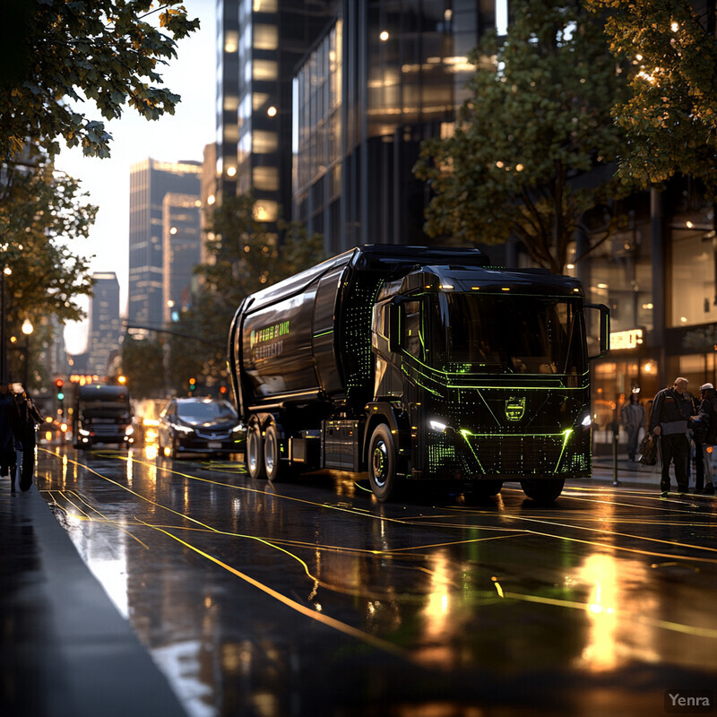 A large black truck with green accents parked on a city street at night.