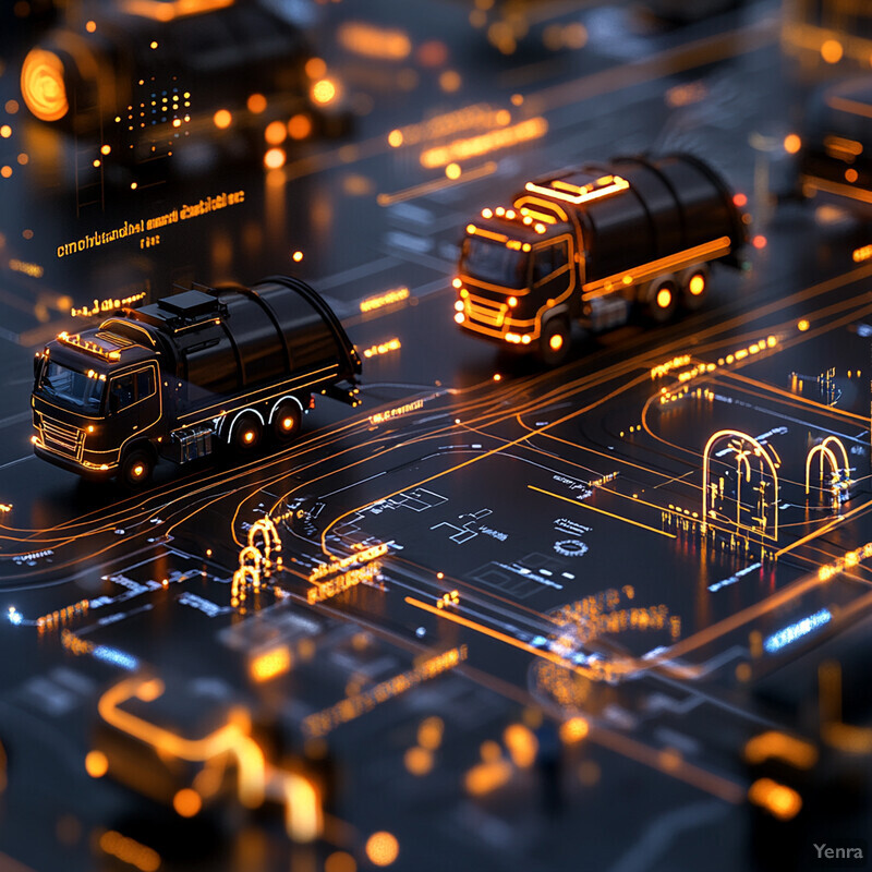 An optimized routing system for collection vehicles is depicted, showcasing a futuristic approach to logistics management.