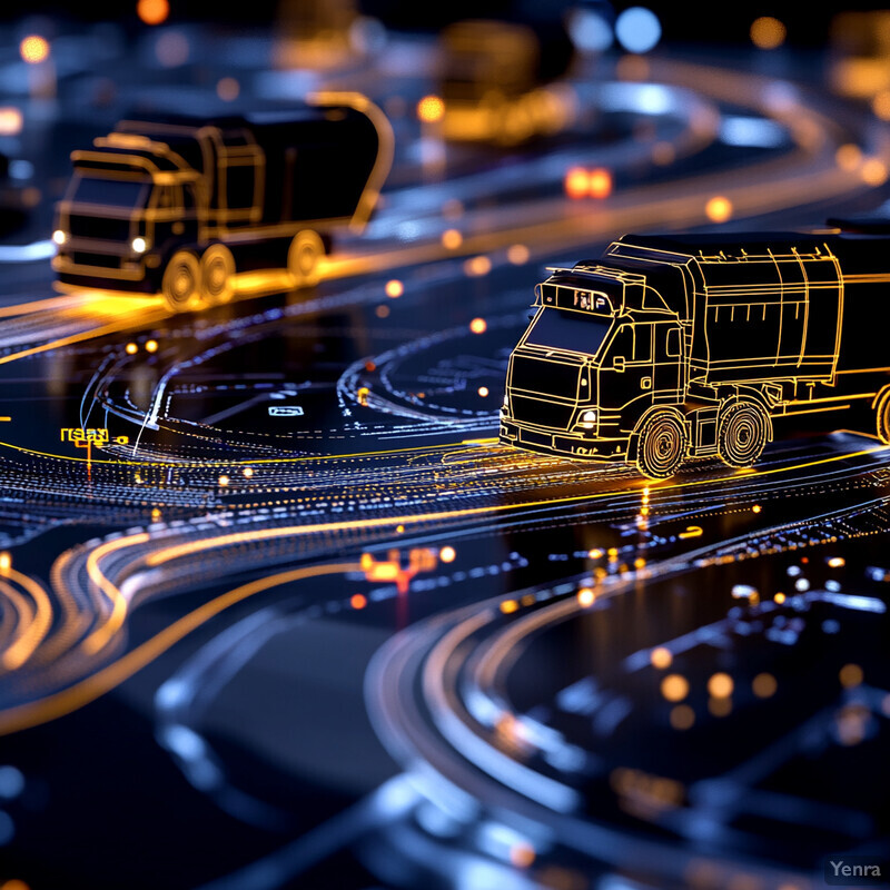 A futuristic transportation system with optimized routing for collection vehicles in an urban environment.