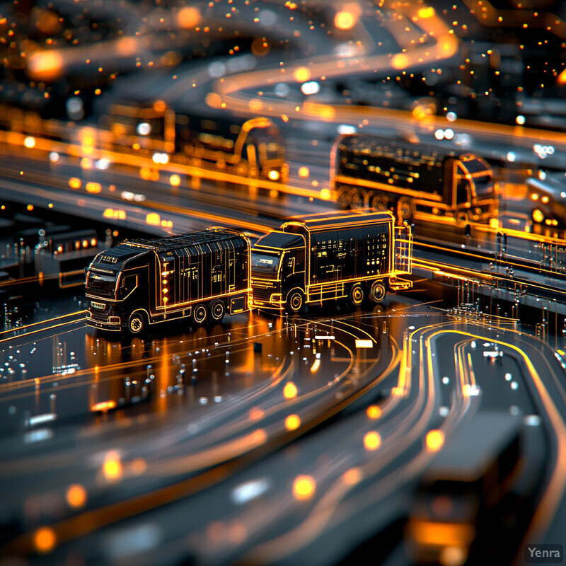 Optimized routing system for collection vehicles with multiple trucks navigating through a winding road network.