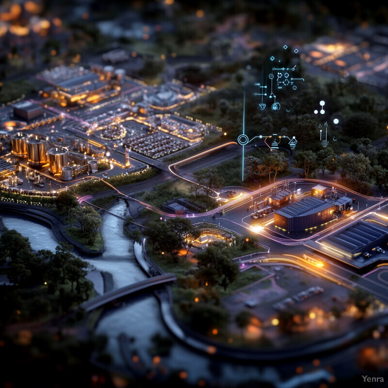 Aerial view of a large industrial complex with various buildings and structures illuminated by bright lights.