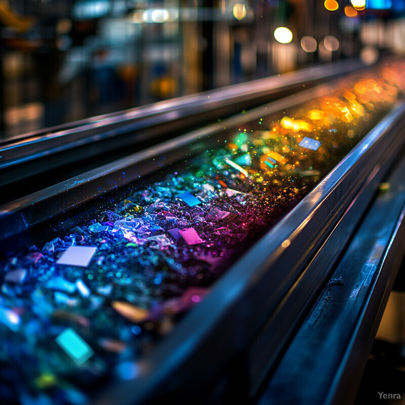 Escalator with broken glass panel and debris inside.