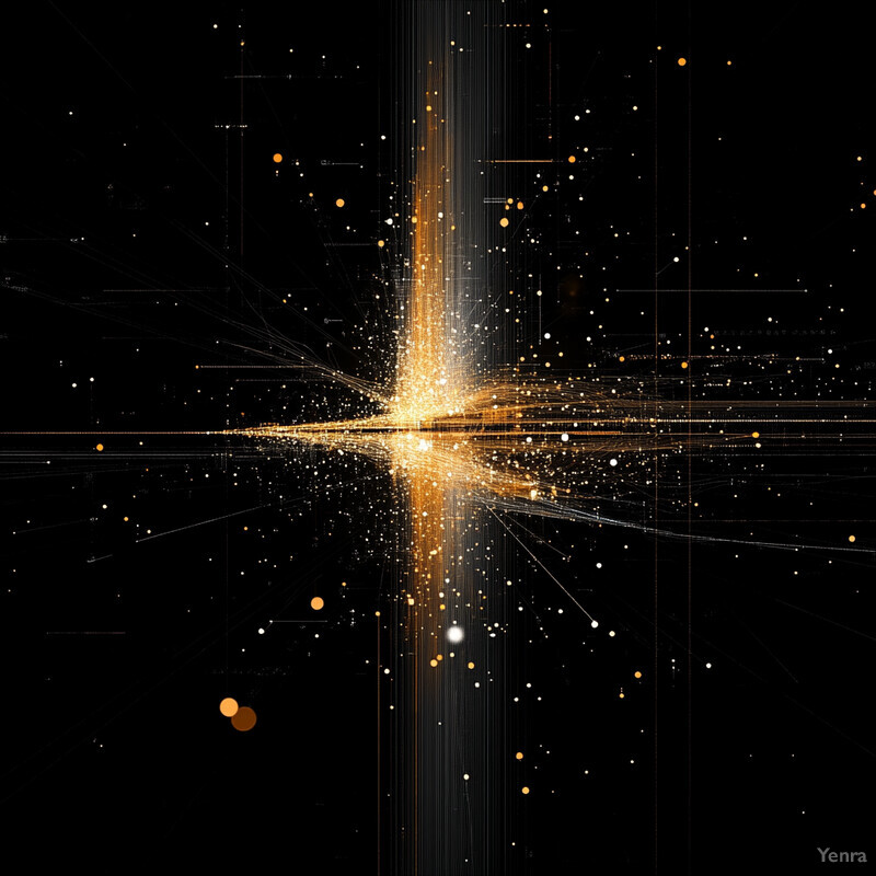 An abstract representation of data visualization with a central golden light surrounded by lines and dots on a black background.