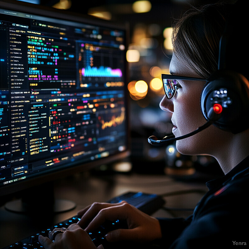 A woman working at her desk in front of two computer monitors displaying graphs and charts.