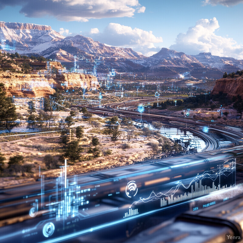 A futuristic cityscape with a blend of natural and technological elements, situated in a valley surrounded by mountains.