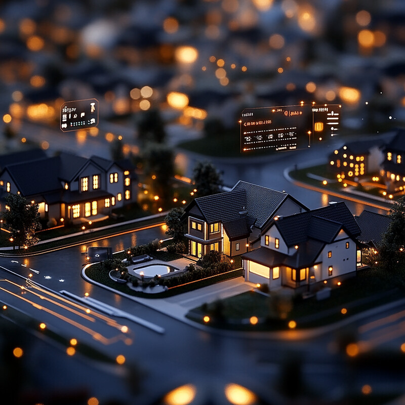 A suburban neighborhood with multiple houses and streets illuminated by streetlights during nighttime hours.